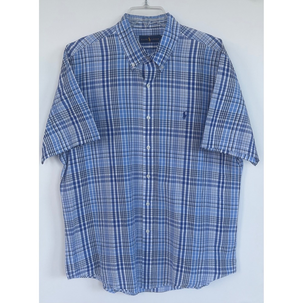 Ralph Lauren Shirt Mens XL Blue White Plaid Short Sleeve Button Down Pony Logo